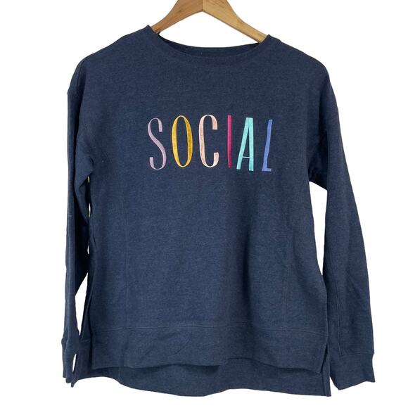 Wildfox NWT Navy Statement “Social” Sweatshirt Side Slits Drop Shoulder Size XS - Picture 4 of 11